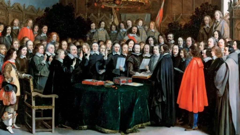 Oil painting by Gerard Terborch depicting the Treaty of Vasdavia. (Image from Encyclopedia Britannica)