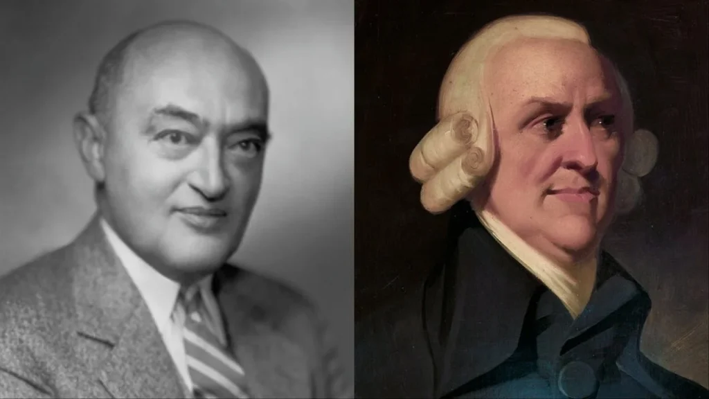 經濟學家熊彼得（左）與亞當·史密斯（右）。（Wikimedia Commons）