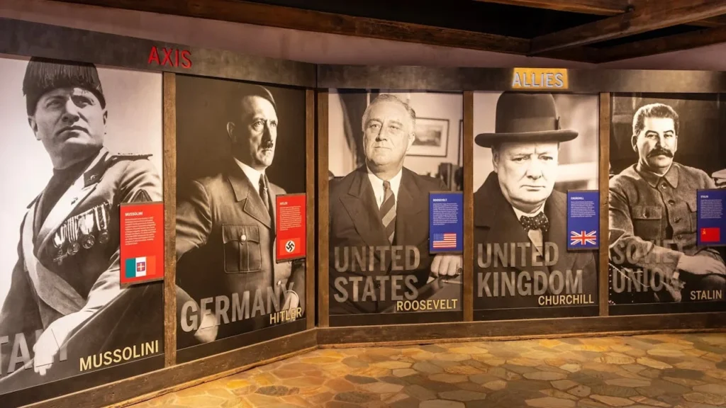 美國國家二戰博物館展示的二戰各國的領導人照片。（Shutterstock）